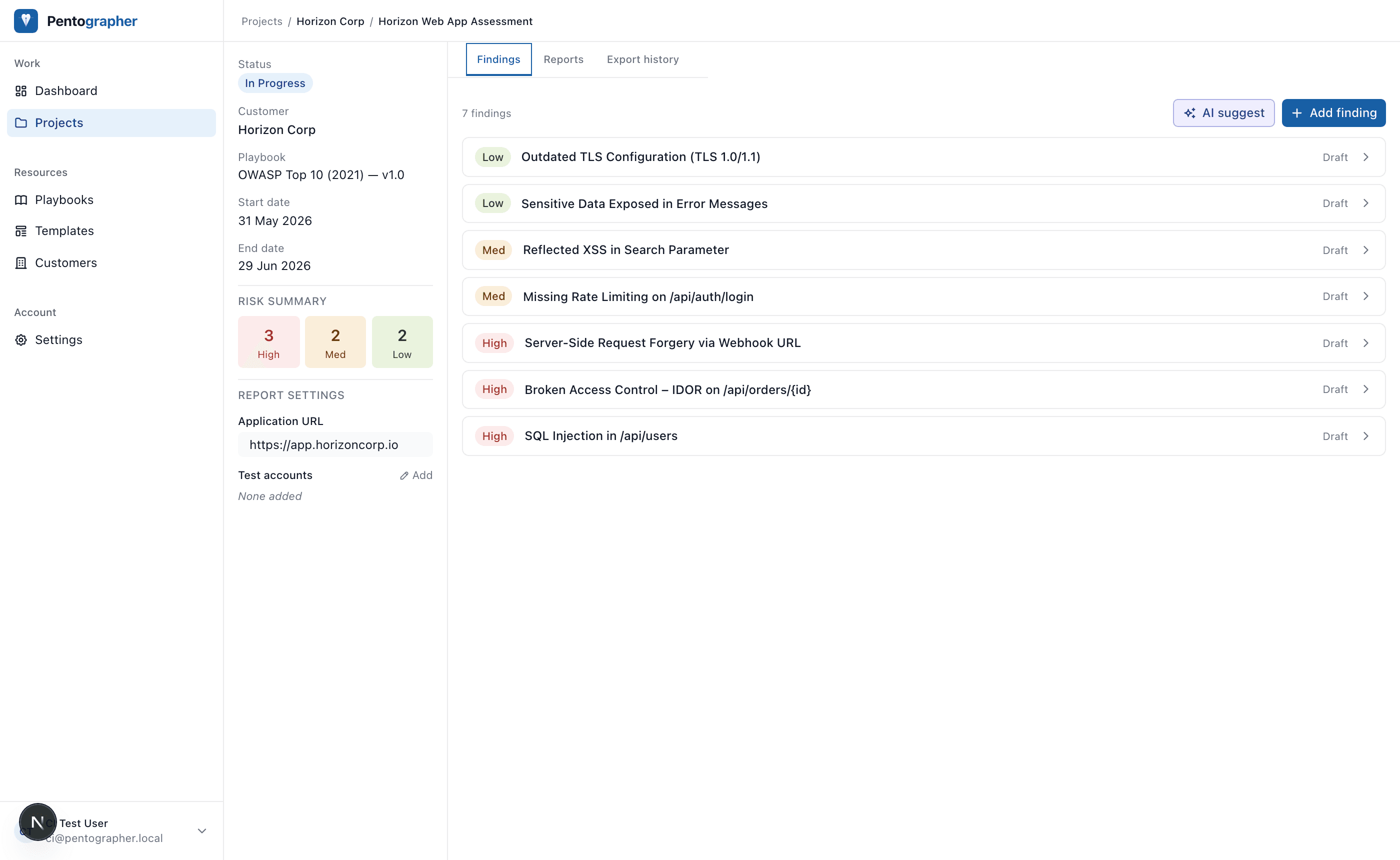 Project findings list showing risk summary